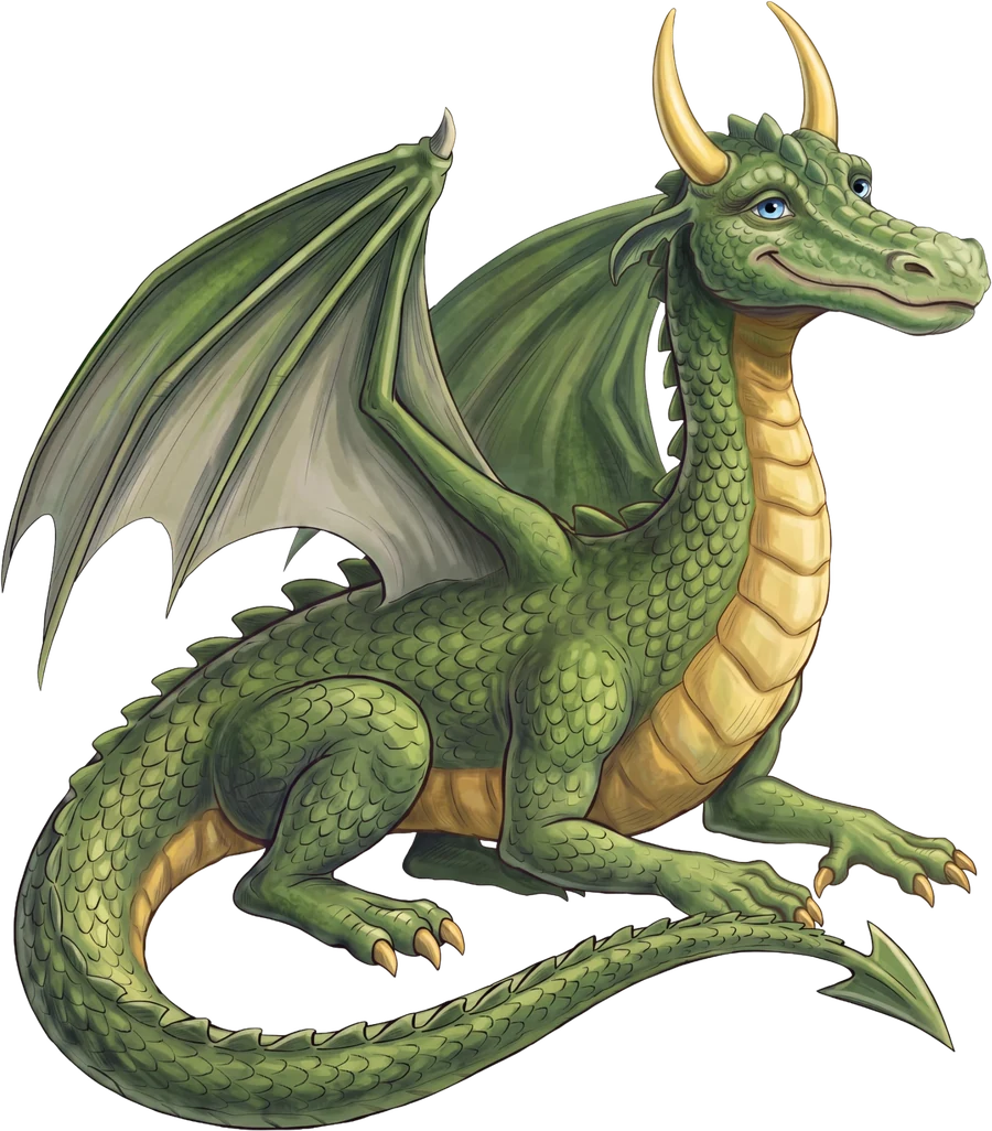 The green dragon with pale gold horns and blue eyes, sitting and smiling