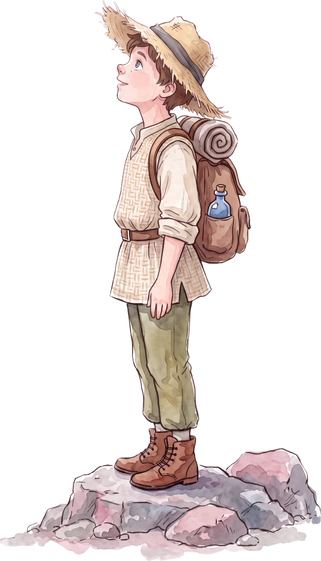 Zach, a boy in a straw hat with a backpack, standing on a rock and looking up